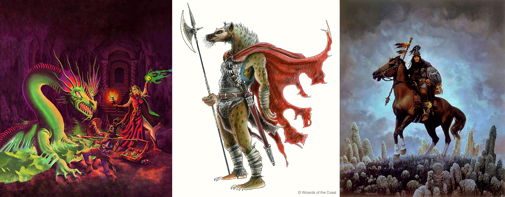 Basic Set cover by Erol Otus (left), Gnoll by Tony DiTerlizzi (centre), Forgotten Realms ‘grey box’ cover by Keith Parkinson (right)